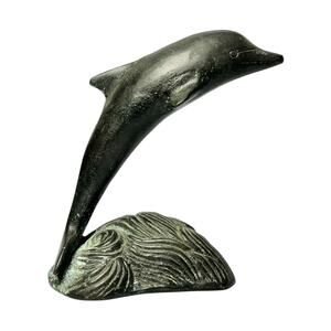 1980s Vintage Black-Green Patina Bronze Dolphin Sculpture 4 3/4”